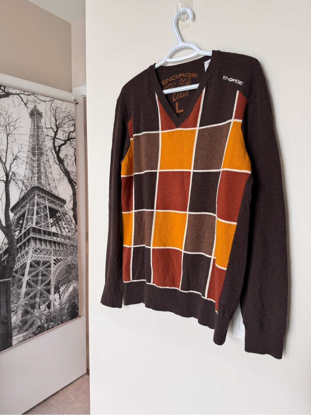 Premium Italian Energie Sixty Mens Wool V-Neck Sweater Brown Check Plaid L
